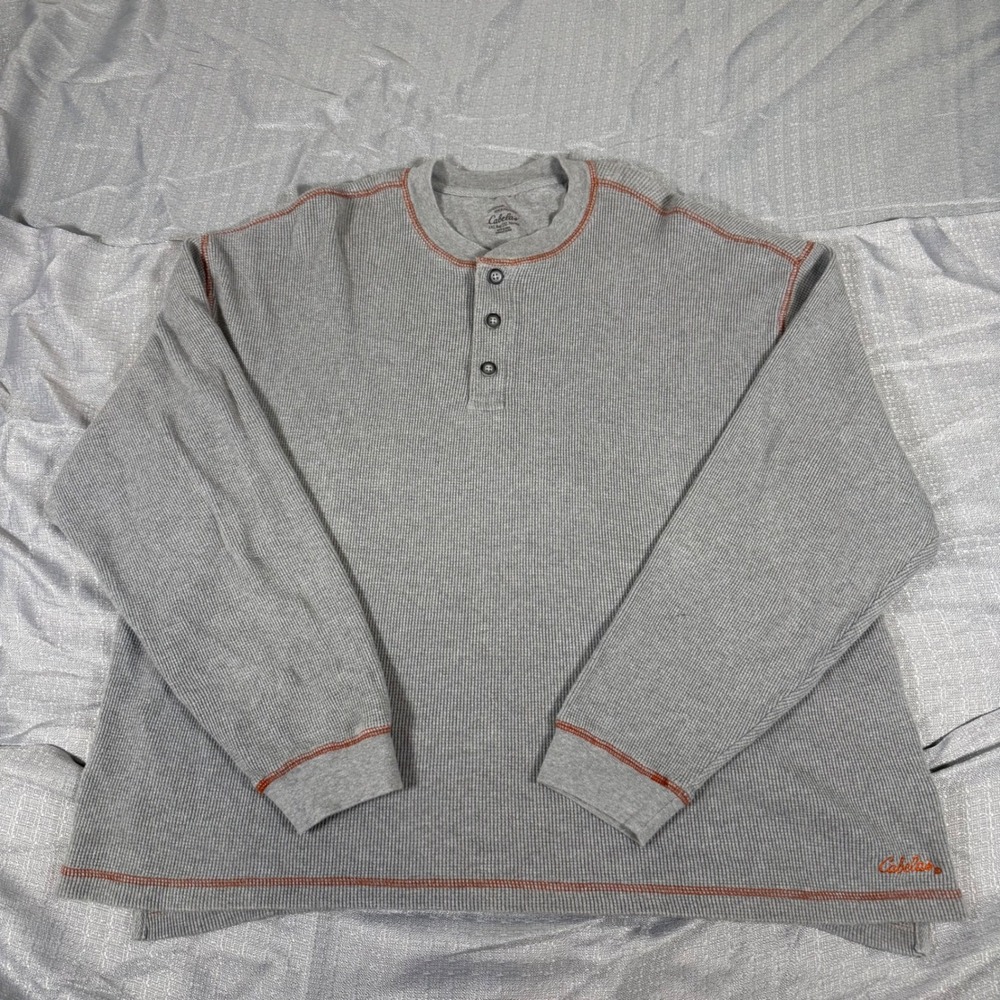 Cabela's Henley Mens 2XL Gray Waffle Knit Long Sleeve Orange Contrast Stitching